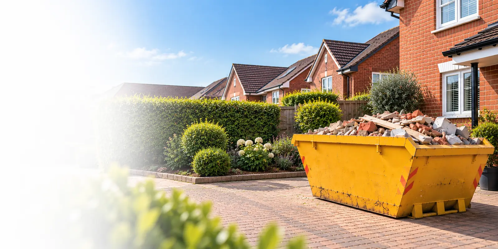 Yellow skip on a driveway outside a Wirral home